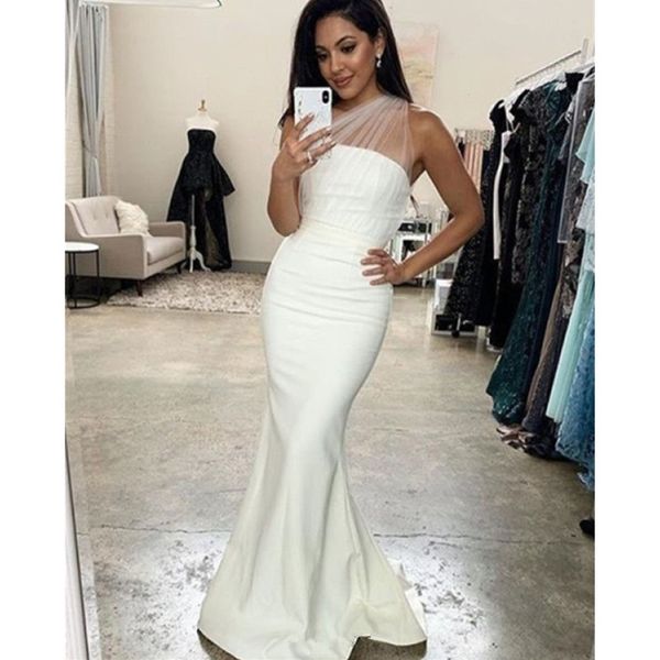 Image of ENM 732789225 romantic white african prom dresses mermaid style one shoulder sheer straps floor length formal eveing gowns