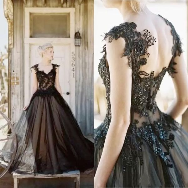 Image of ENM 771169513 vintage a-line wedding dresses 2022 new arrival black tulle lace applique gothic beaded backless long bridal gowns custom sweep train