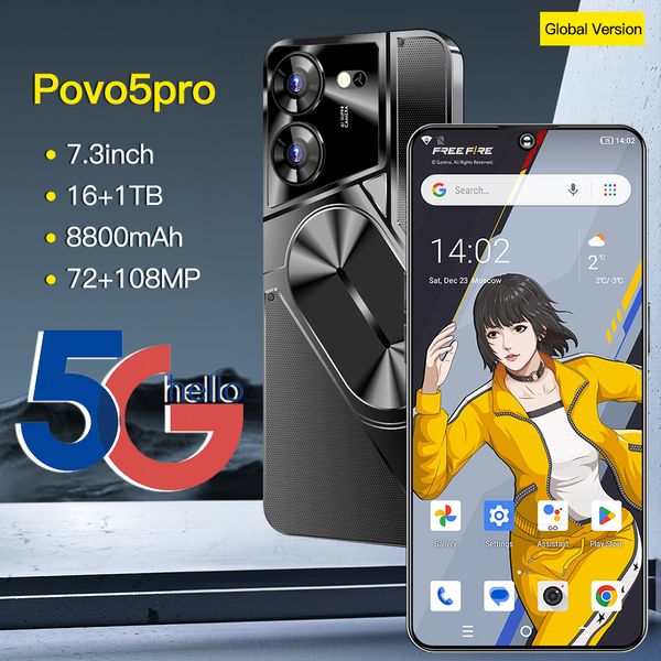 Image of ENS 933506405 2024 povo5pro mobile phone 73-inch screen 8800 mah large battery supports dual phone cards android 13 supports otg 72mp+108mp