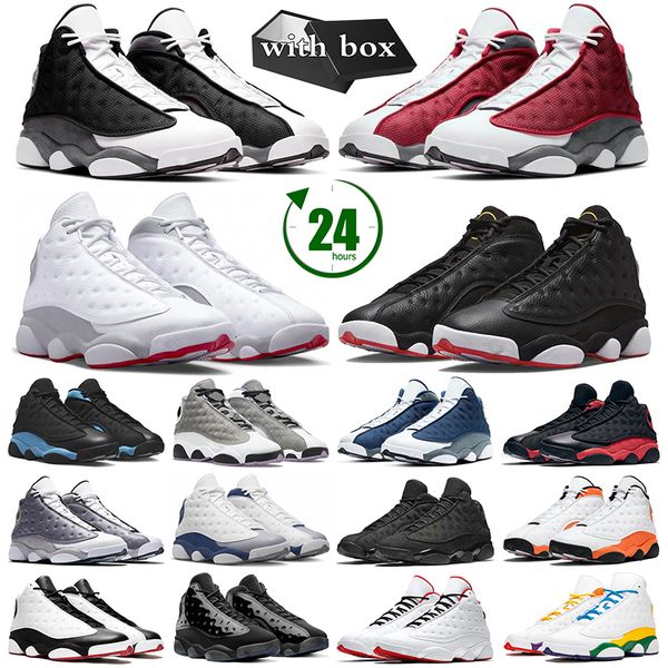 Image of ENSP 596309421 with box jumpman 13 basketball shoes 13s mens trainers black cat red flint atmosphere grey bred cap and gown playoffs men sneakers sports ou