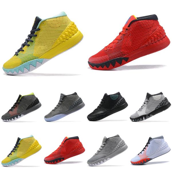 Image of ENSP 756706943 mens irving kyrie 1 basketball shoes 1s red white yellow wolf grey deep pewter deceptive letterman home outdoor sports sneakers tennis