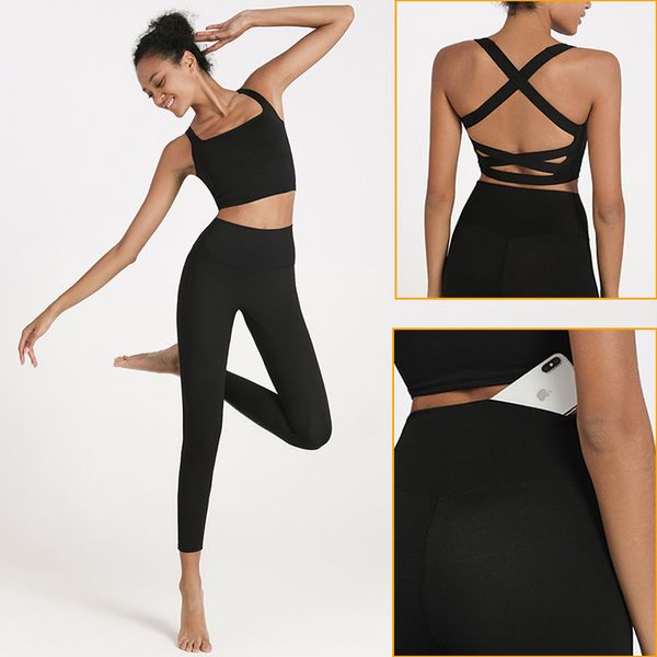Image of ENSP 874924531 two piece yoga set women fitness suit sportswear pocket leggings set sports outfit gym clothing workout clothes yoga wear n0250