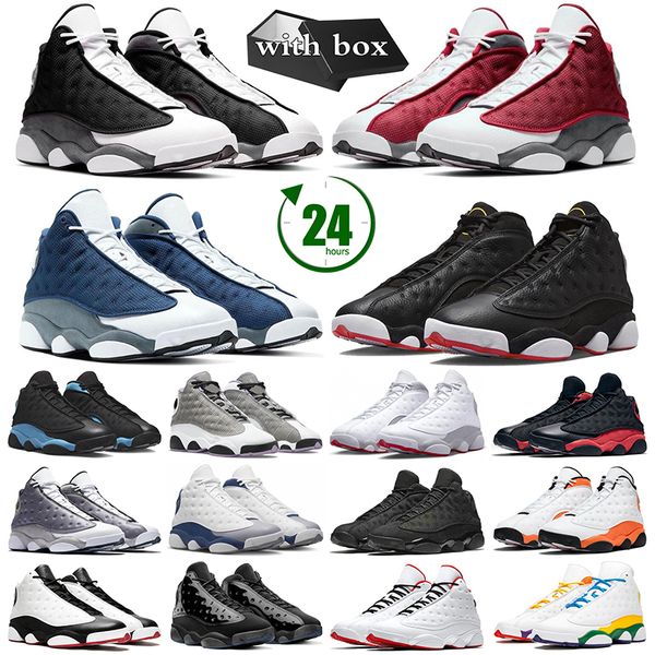 Image of ENSP 894776119 with box jumpman 13 basketball shoes 13s mens trainers black cat red flint atmosphere grey bred cap and gown playoffs playground men sneaker