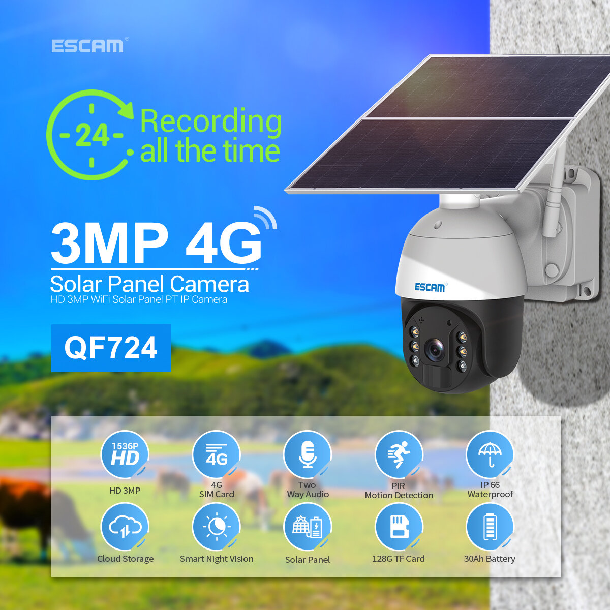 Image of ESCAM QF724 3MP 24 Hours Recording Cloud Storage PT 4G Battery PIR Alarm IP Camera with Solar Panel Full Color Night Vis
