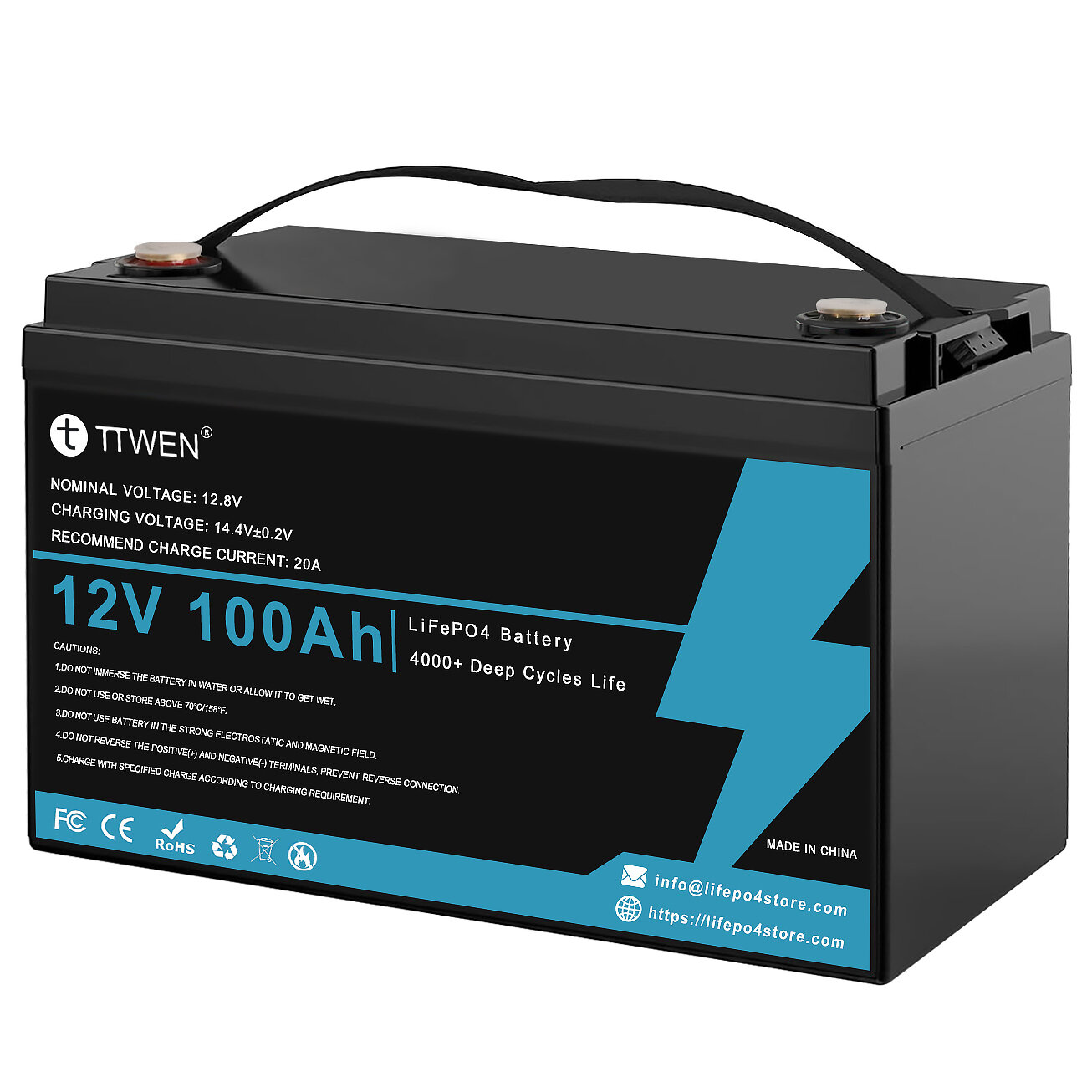 Image of [EU Direct] TTWEN 12V 100Ah Lifepo4 Battery Pack with 100A BMS Temperature Protection 4000+ Times Deep Cycles 1280Wh Lit