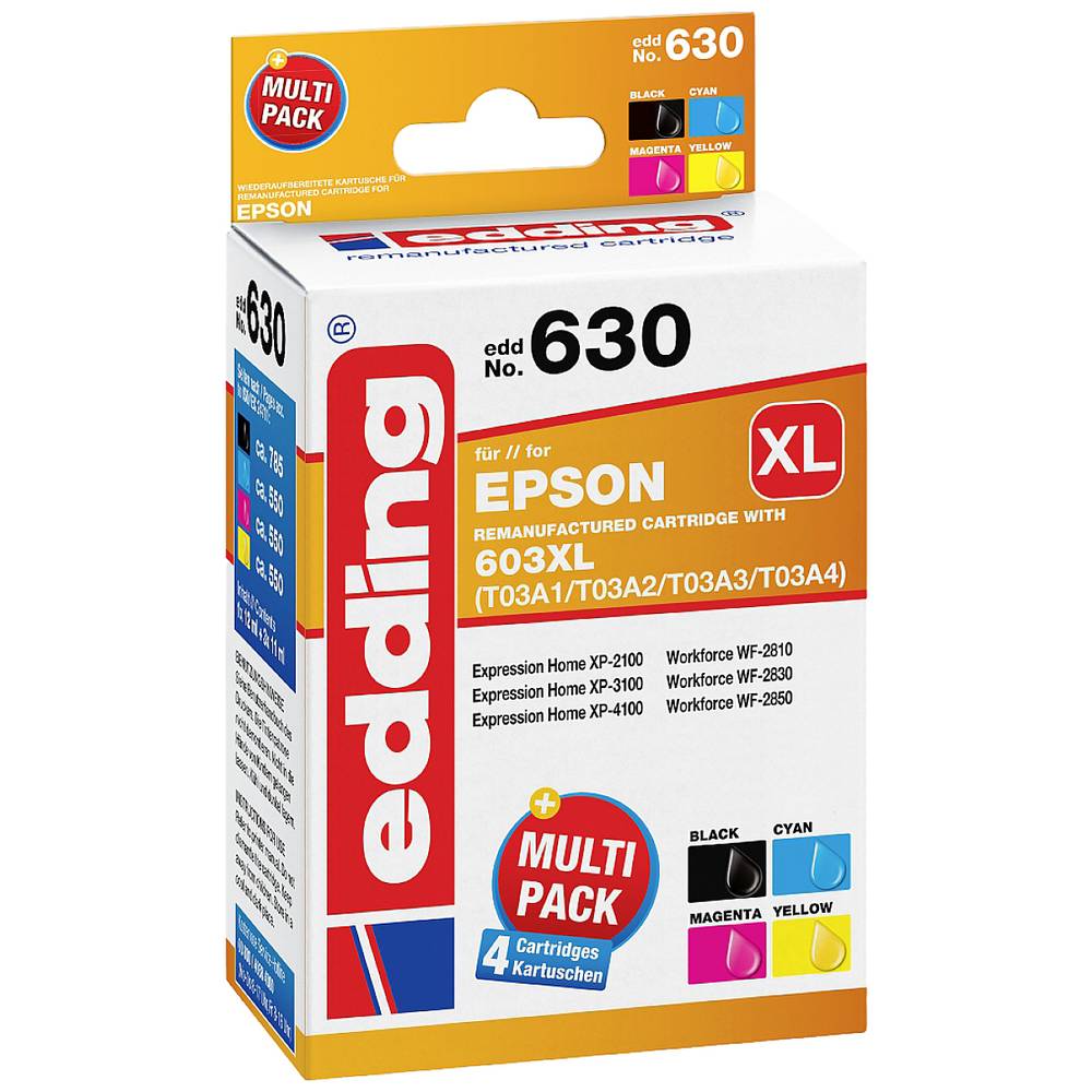 Image of Edding Ink replaced Epson 603XL T03A6 T03A1 T03A2 T03A3 T03A4 Compatible Set Black cyan magenta yellow EDD-630