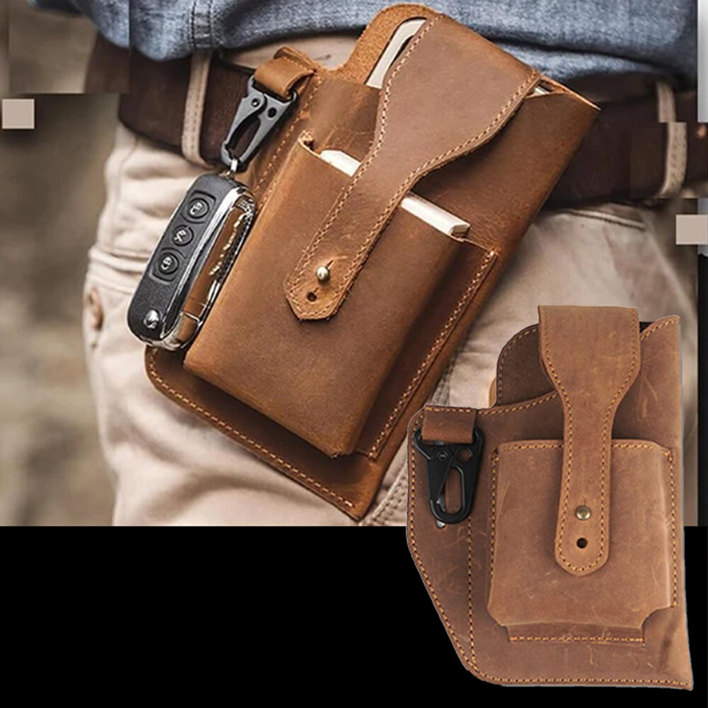 Image of Ekphero Men Genuine Leather Vintage 63 Inch Phone Bag Multifunction Keychain Cowhide Waist Bag