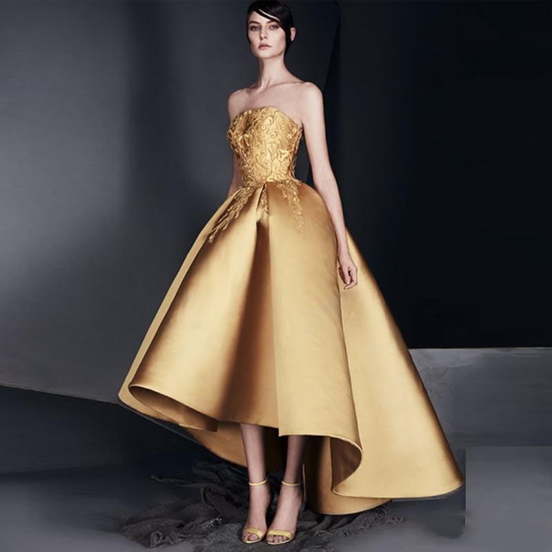 Image of Elegant Gold Applique Prom Dress Strapless High-Low Ruffle Evening Gown New Design High Quality Homecoming Dresses