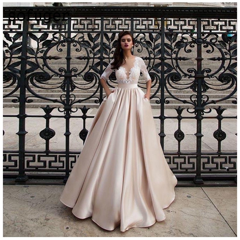 Image of Elegant Gowns Satin Wedding Dresses With Pocket Vestidos Noiva Lace Half Sleeves Bridal Floor Length Champagne Bride