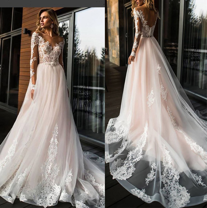 Image of Elegant Lace Wedding Dress Vestidos de novia Simple A Line Bridal V-Neck Sexy Romantic Long Sleeve Gowns
