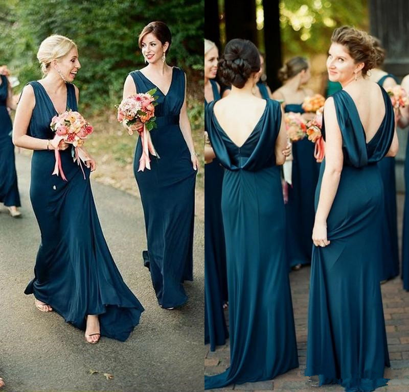Image of Elegant Teal Green Sheath Bridesmaid Dresses V Neck Open Back Floor Length Maid of Honor Country Prom Gown