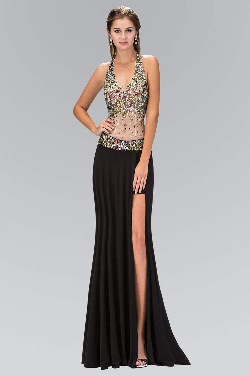 Image of Elizabeth K - GL1070 Jeweled Halter Neck Jersey Trumpet Dress