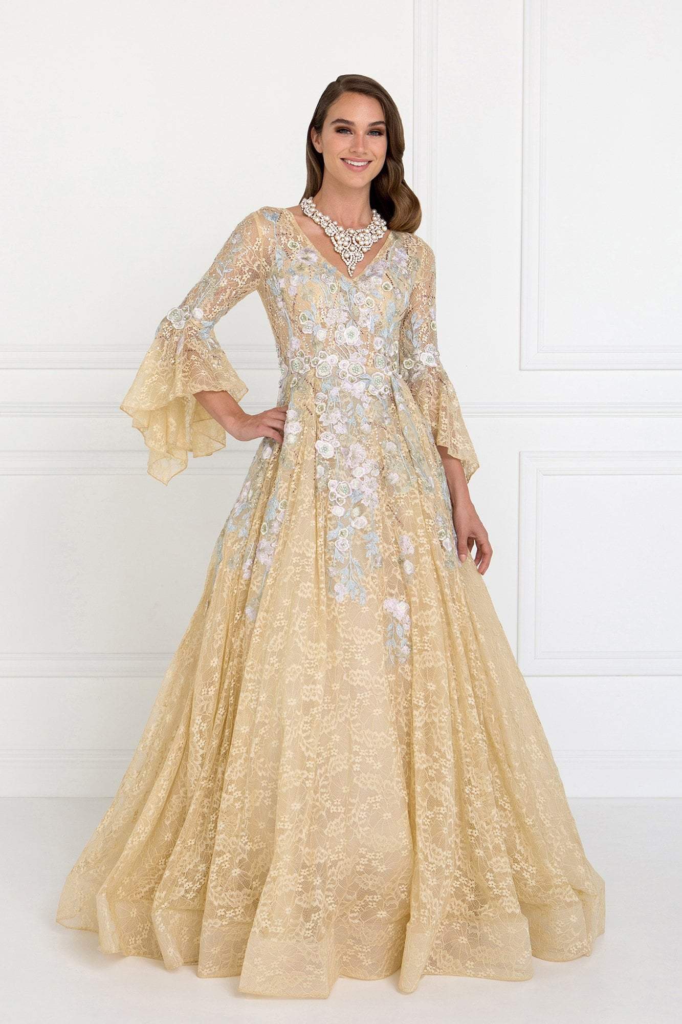 Image of Elizabeth K - GL1592 Flounce Sleeve Floral Embroidered Lace Ballgown