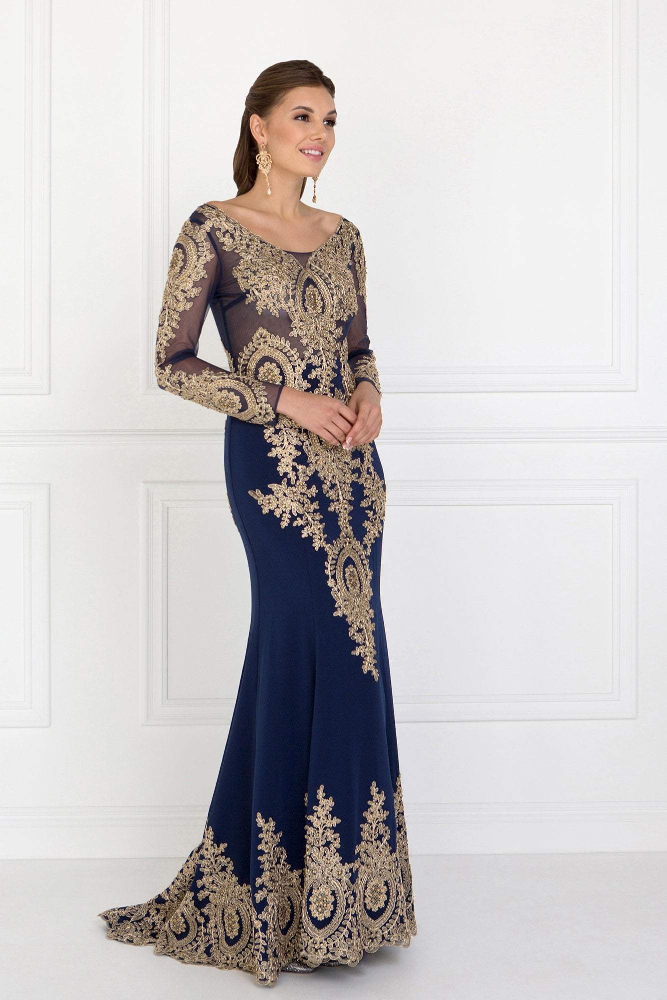 Image of Elizabeth K - GL1597 Illusion Long Sleeve Gilded Lace Sheath Gown