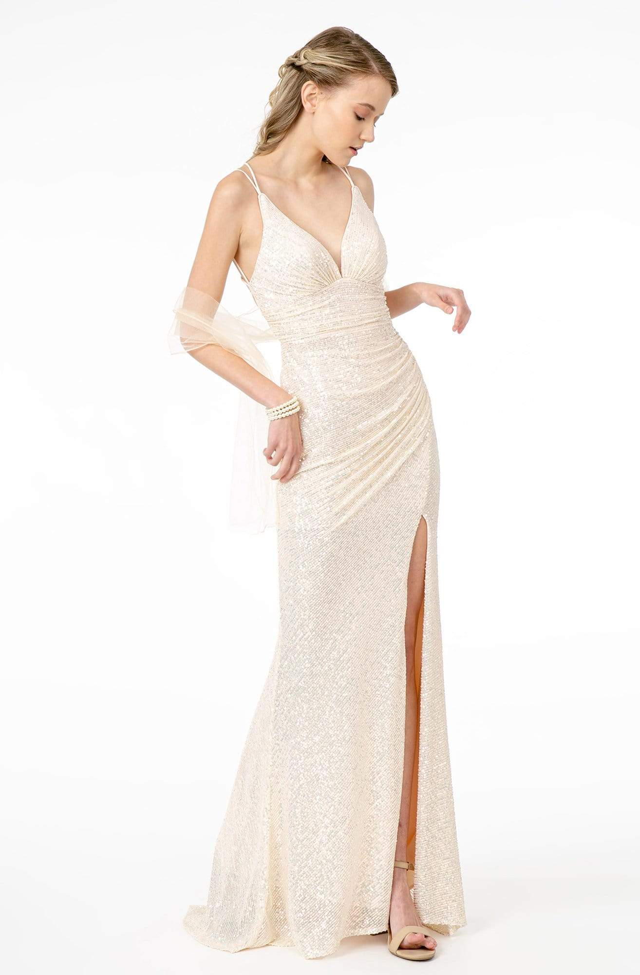 Image of Elizabeth K - GL1814 Ruched Plunging V-Neck Gown With Slit