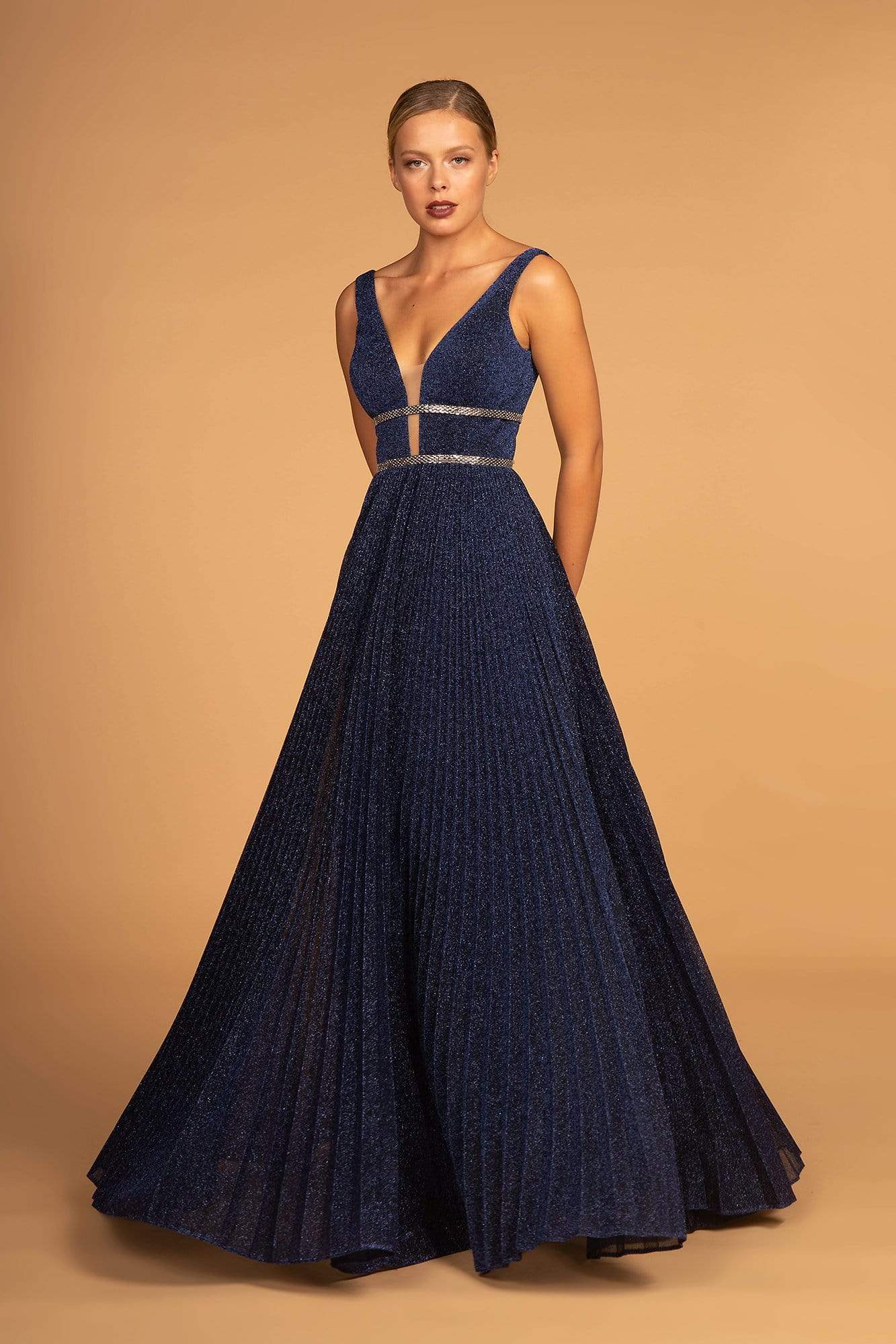Image of Elizabeth K - GL2501 Illusion Plunging Neck Metallic Prom Dress