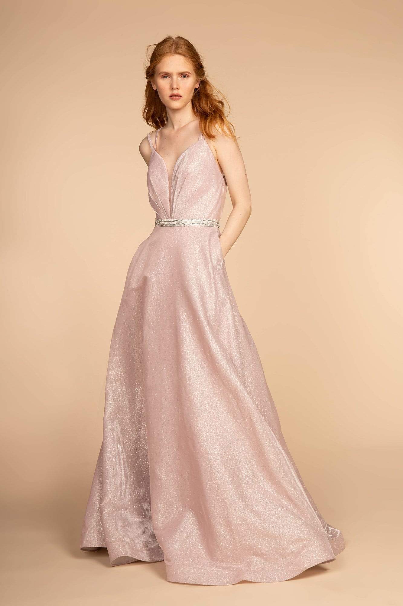 Image of Elizabeth K - GL2504 Pleated Plunging Bodice Glitter Long Gown