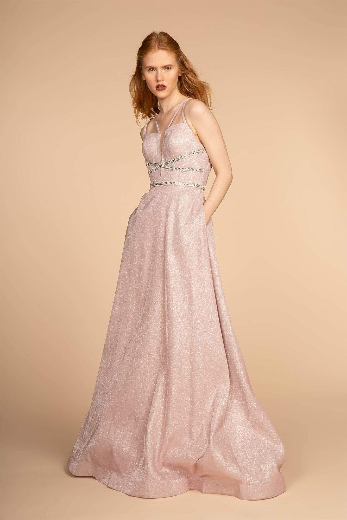 Image of Elizabeth K - GL2506 Deep V-neck Glitter Crepe A-line Dress