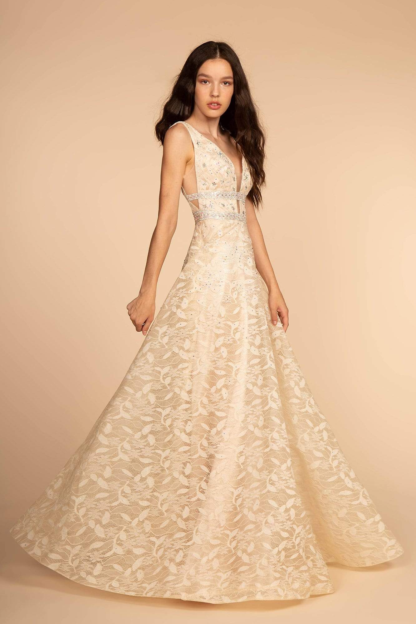 Image of Elizabeth K - GL2580 Jewel-Studded Plunging V-Neck Long Gown