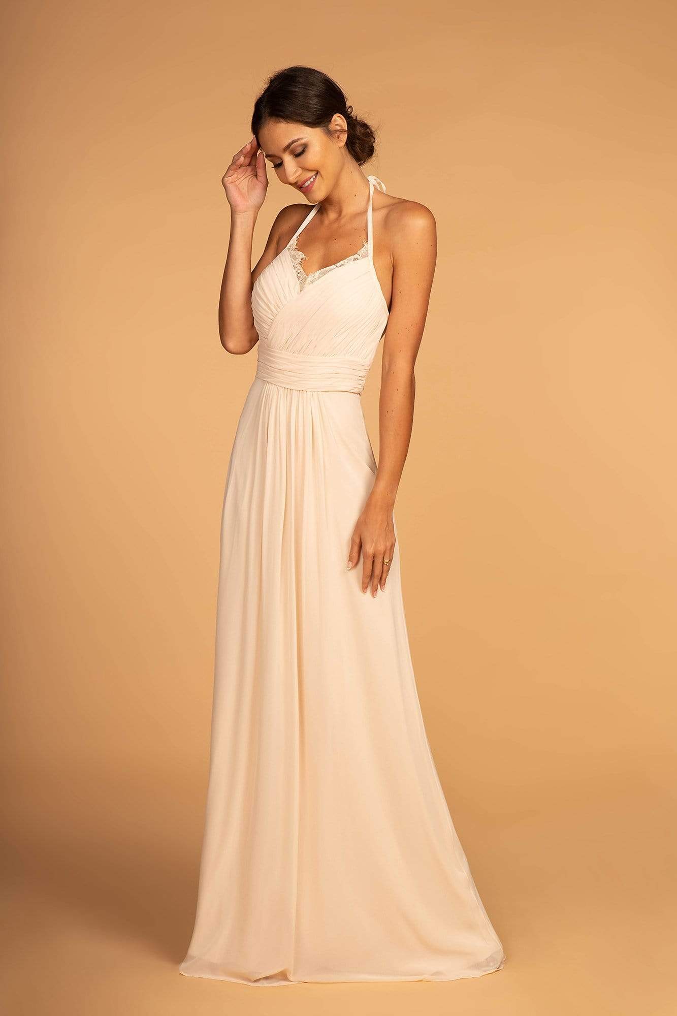 Image of Elizabeth K - GL2606 Lace Pleated Halter Chiffon A-line Dress