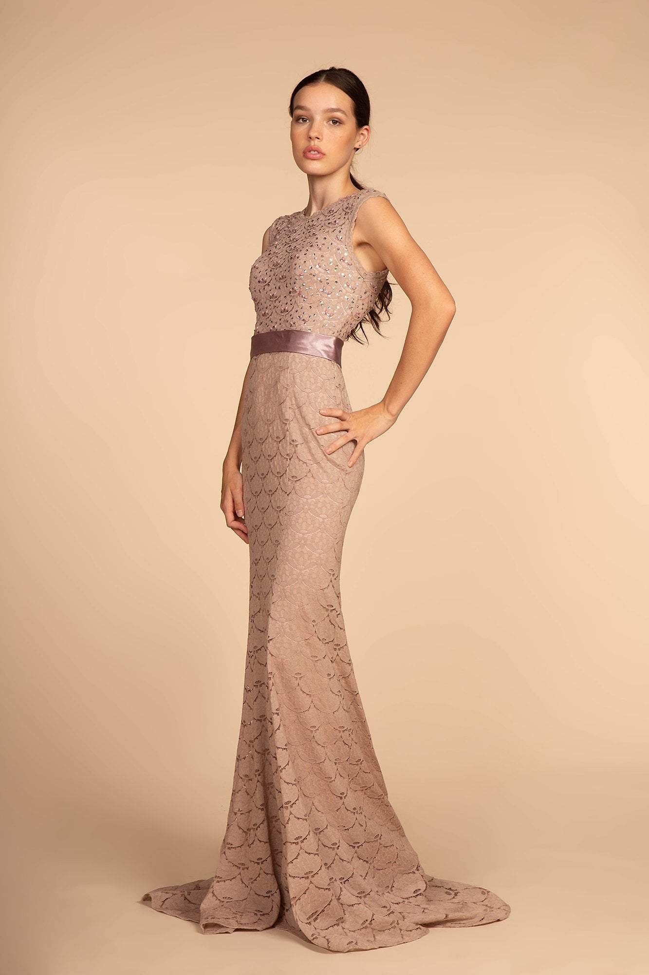 Image of Elizabeth K - GL2613 Sequined Lace Jewel Neck Trumpet Dress