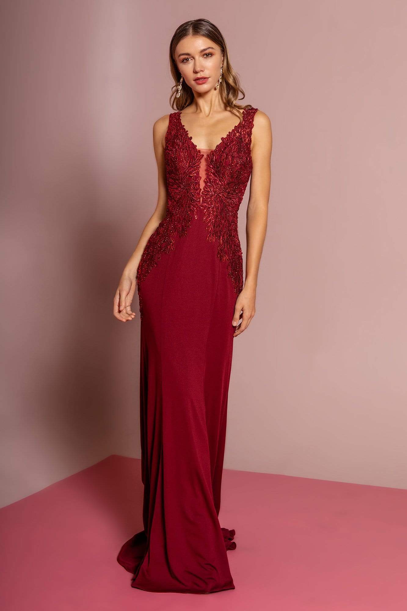 Image of Elizabeth K - GL2614 Lace Deep V-neck Jersey Sheath Dress