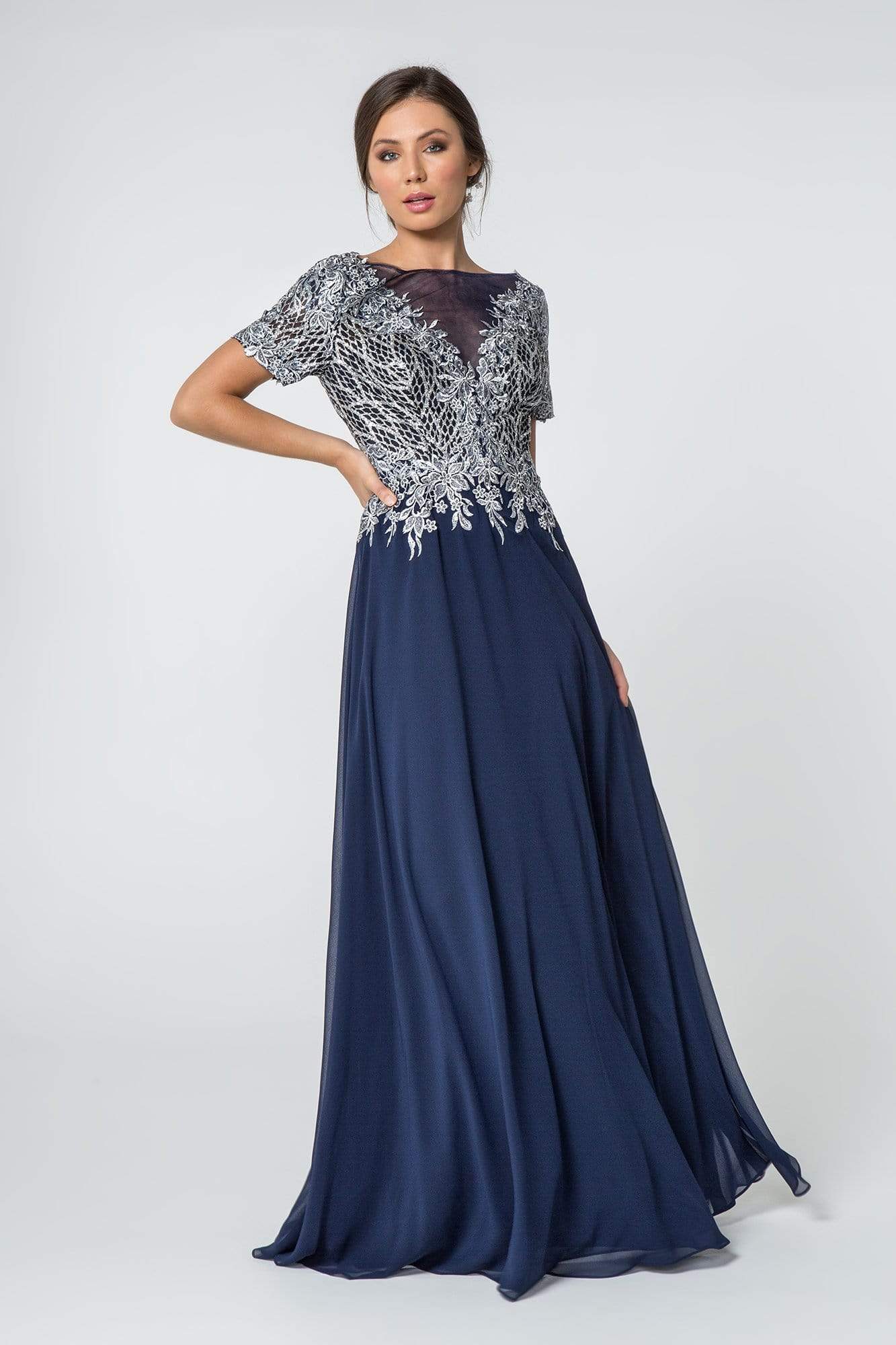 Image of Elizabeth K - GL2826 Metallic Lace Embroidered Chiffon Dress
