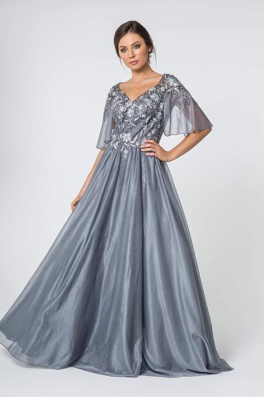 Image of Elizabeth K - GL2830 Sheer Cape Sleeve Appliqued Chiffon Dress
