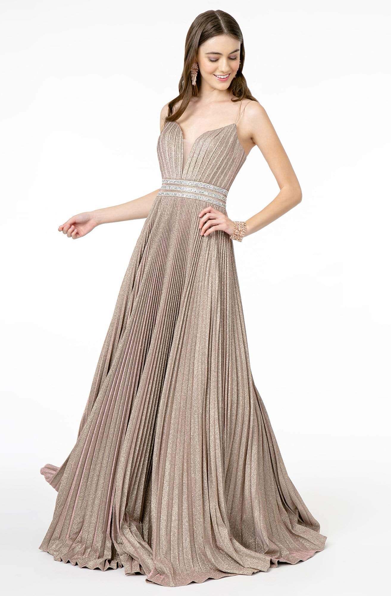 Image of Elizabeth K - GL2905 Deep V Neck Pleated Metallic Glitter A-Line Gown