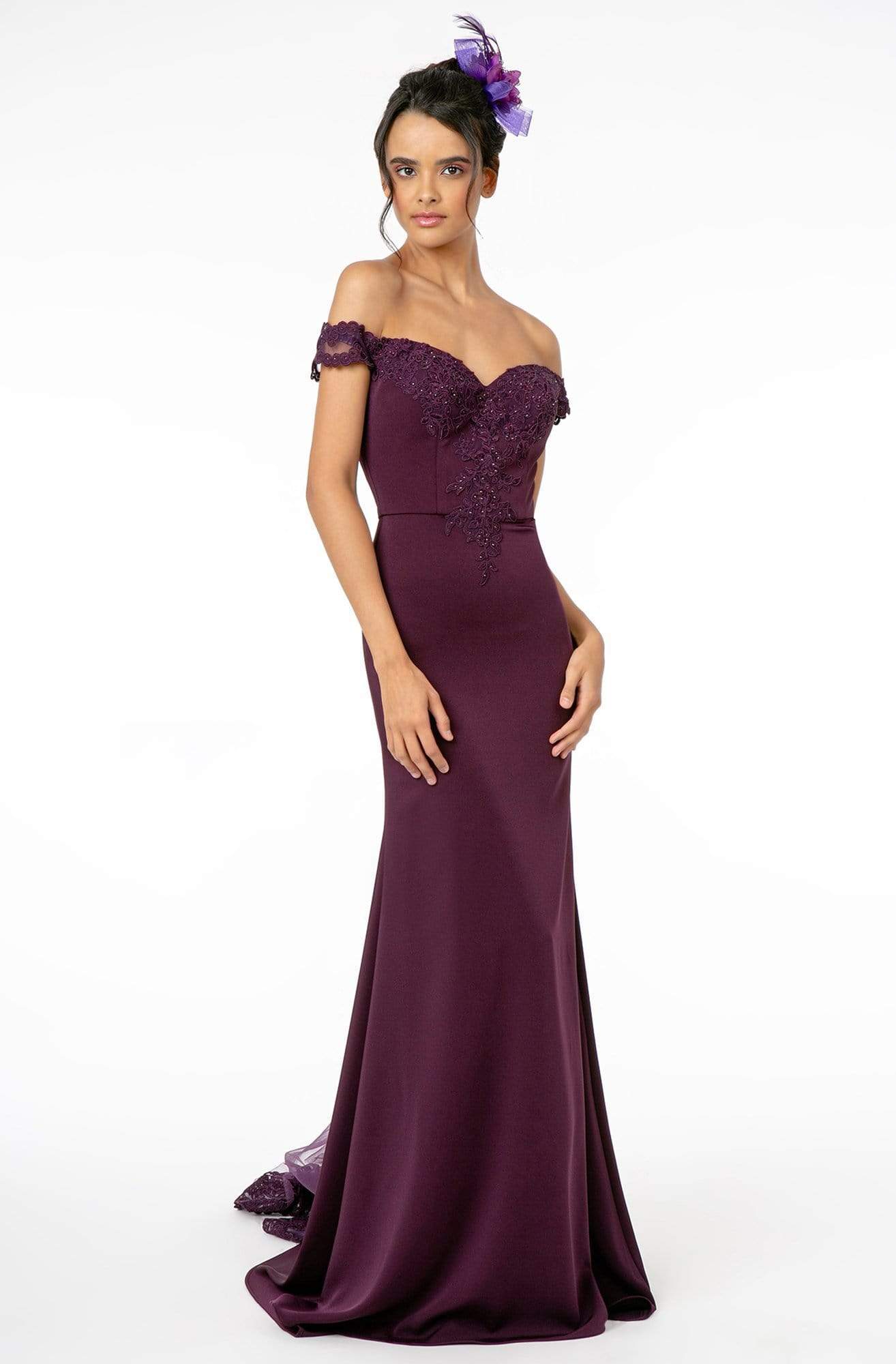 Image of Elizabeth K - GL2958 Beaded Lace Appliqued Off Shoulder Jersey Gown