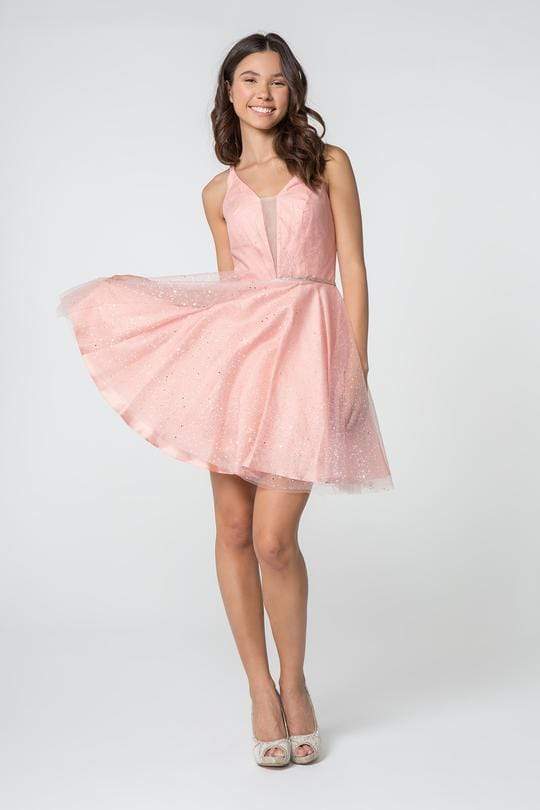 Image of Elizabeth K - GS2865 Glitter Overlaid Plunging Bodice Short Dress