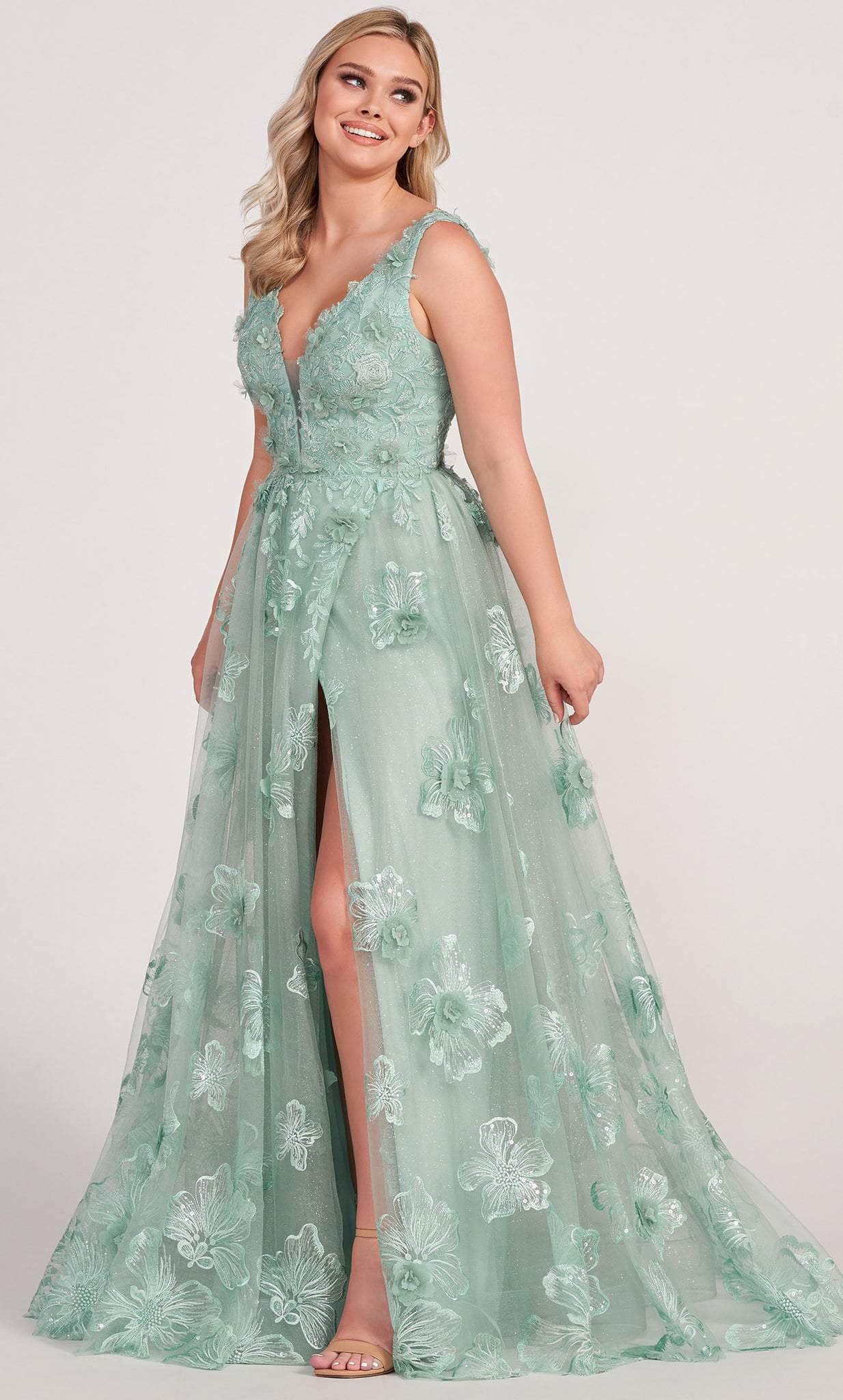 Image of Ellie Wilde EW34121 - Embroidered Lace Slit A line Prom Dress