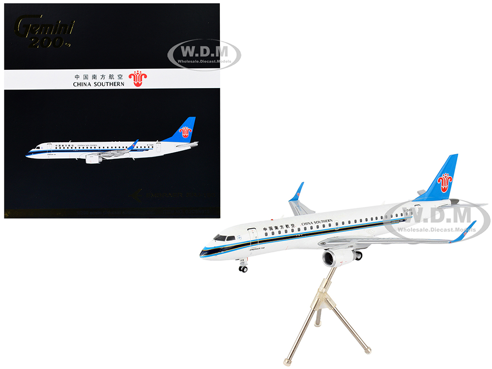 Image of Embraer ERJ-190 Commercial Aircraft "China Southern Airlines" White with Black Stripes and Blue Tail "Gemini 200" Series 1/200 Diecast Model Airplane