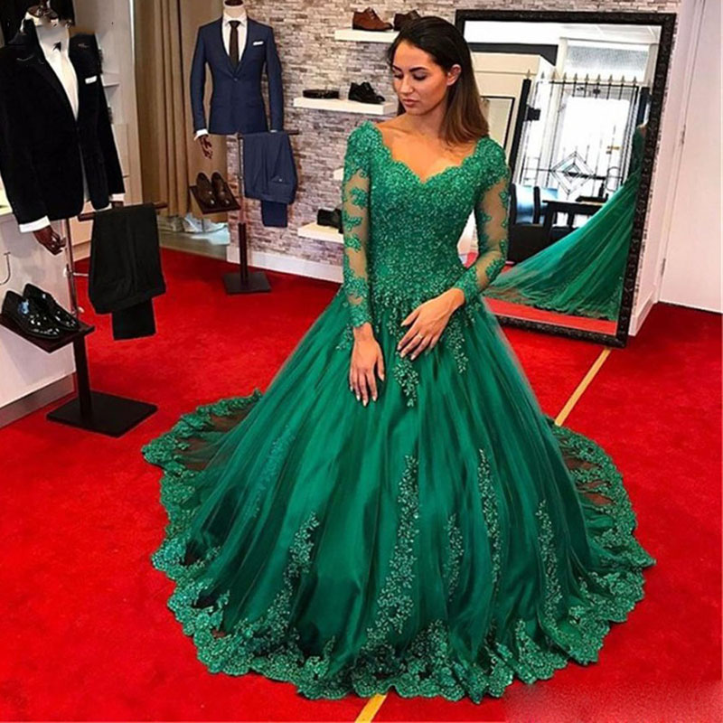 Image of Emerald Green Prom Dresses Evening Gowns Long Sleeve Lace Applique Beads Plus Size Formal Robe de soiree