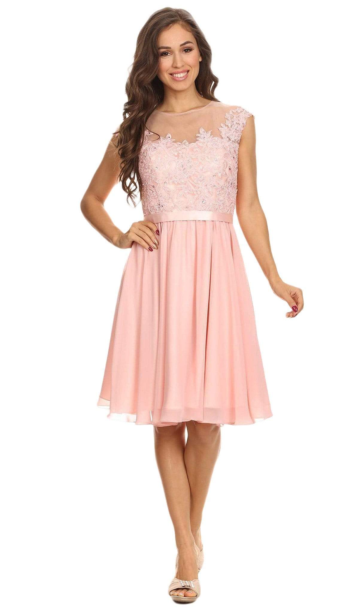 Image of Eureka Fashion - 3633 Lace Appliqued Cap Sleeve Chiffon Dress