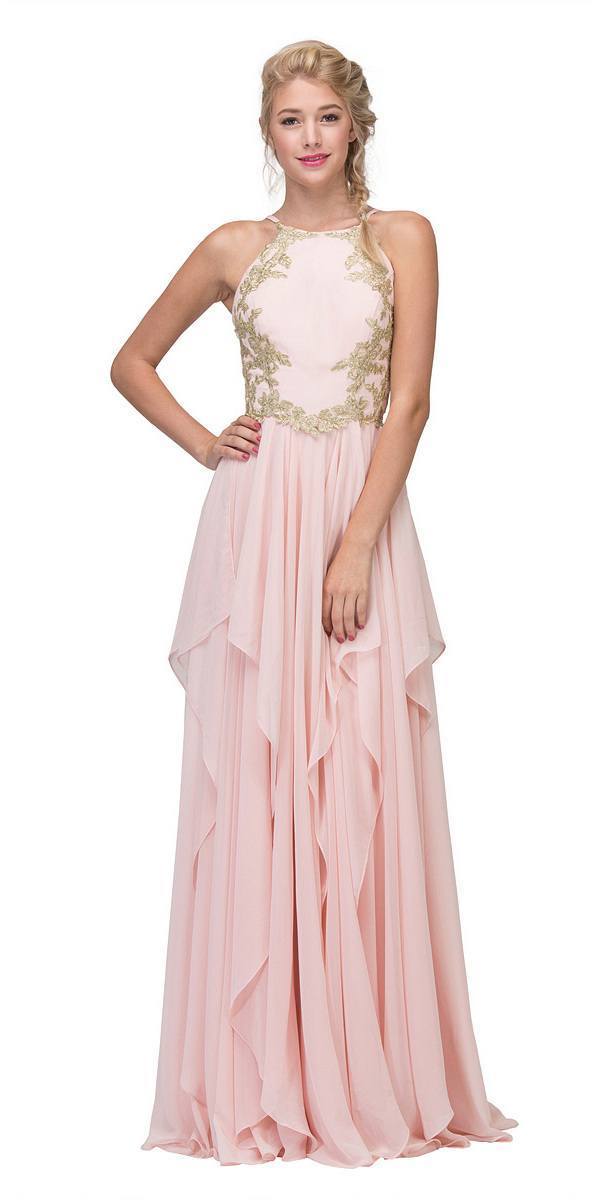 Image of Eureka Fashion - 6036 Appliqued Halter Asymmetrical Cascade Gown