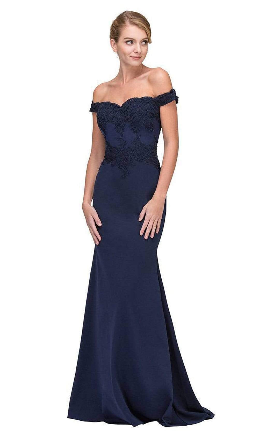 Image of Eureka Fashion - 7100 Off Shoulder Lace Appliqued Jersey Mermaid Gown