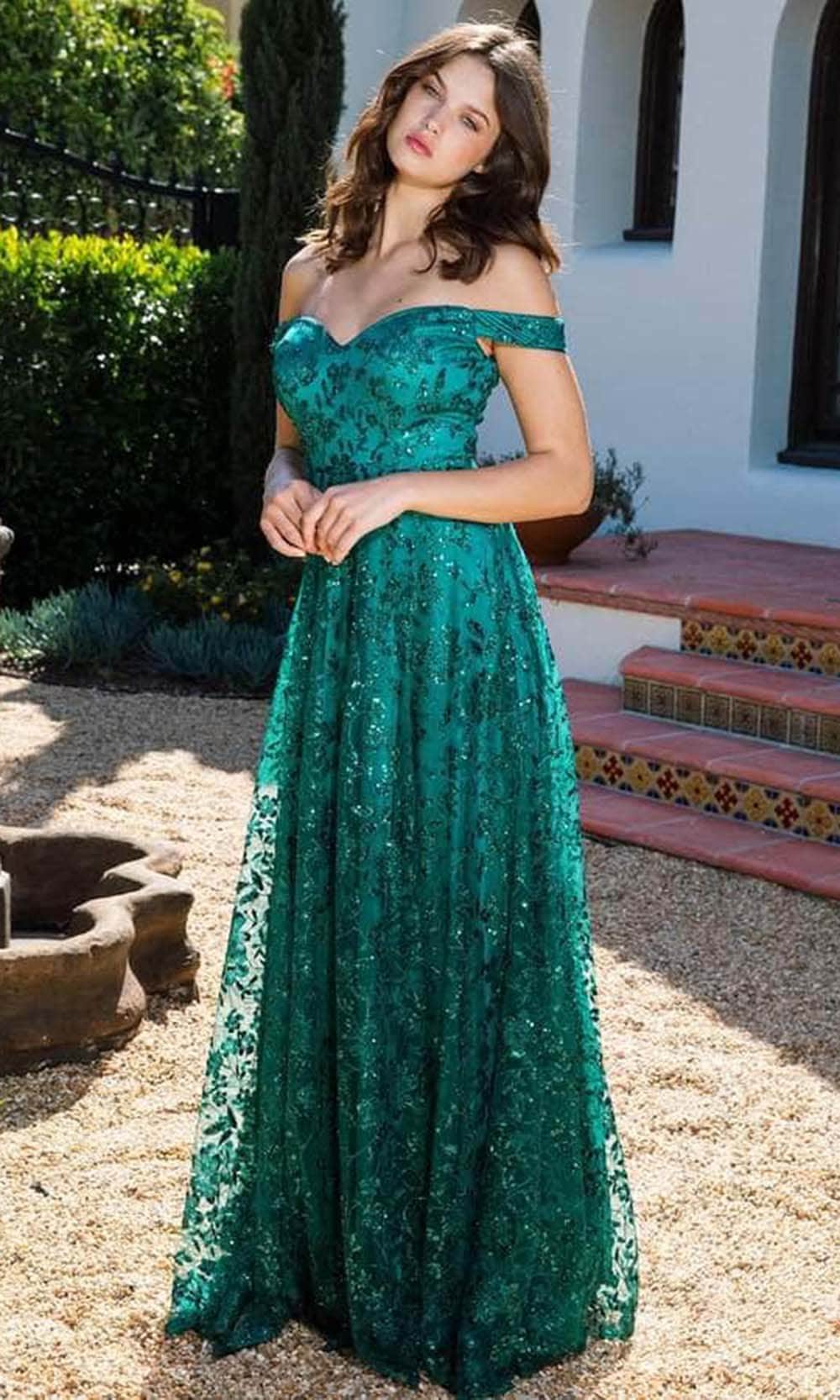 Image of Eureka Fashion 9766 - Embroidered Off-shoulder Evening Gown