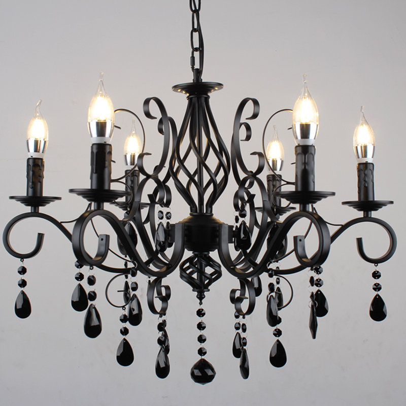 Image of European Candle Chandelier Lighting Living Room Wrought Iron led Crystal Chandelier Clothing Store Personality Black Chandeliers Retro Lamps