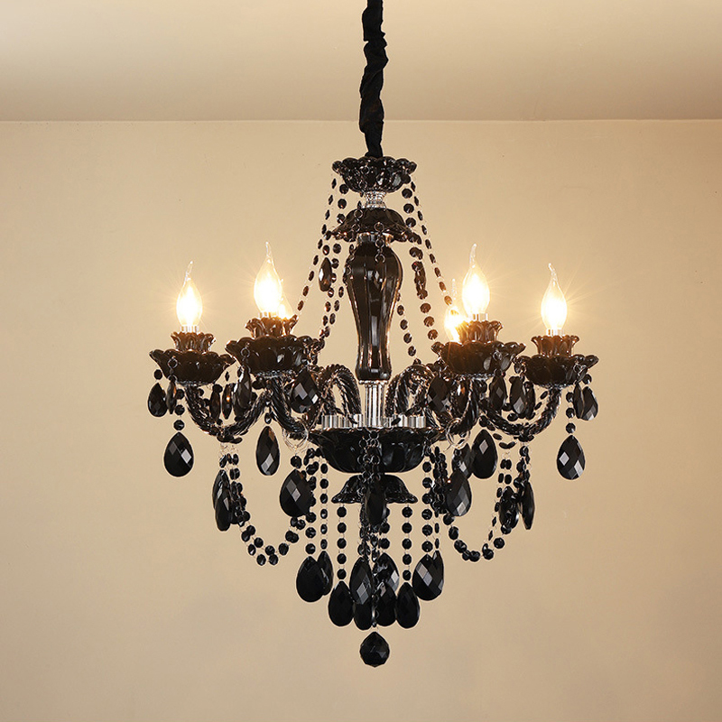 Image of European Candle Light Living Room Chandelier Lighting Retro Black Crystal Chandelier Cafe Hotel Hanging Double Staircase Pendant lamps