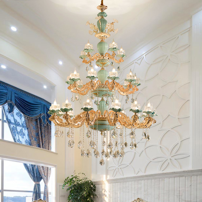 Image of European Lamps Luxury Crystal Chandelier LivingRoom Bedroom Chinese Ceramic Chandeliers Pendant Light Hotel Hall Stair Painted Ceramic Hanging Lamp