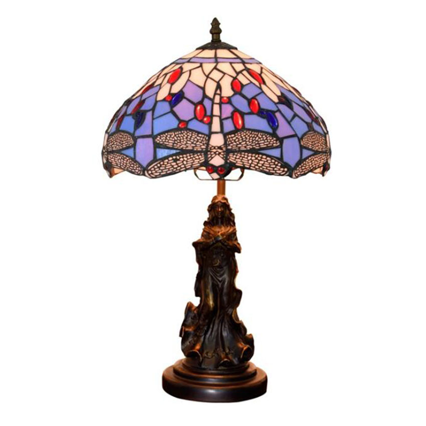 Image of European Tiffany Table Lamp Mediterranean Sea Dragonfly Stained Glass Decorative Desk Light Apartment Country Lighting Fixture