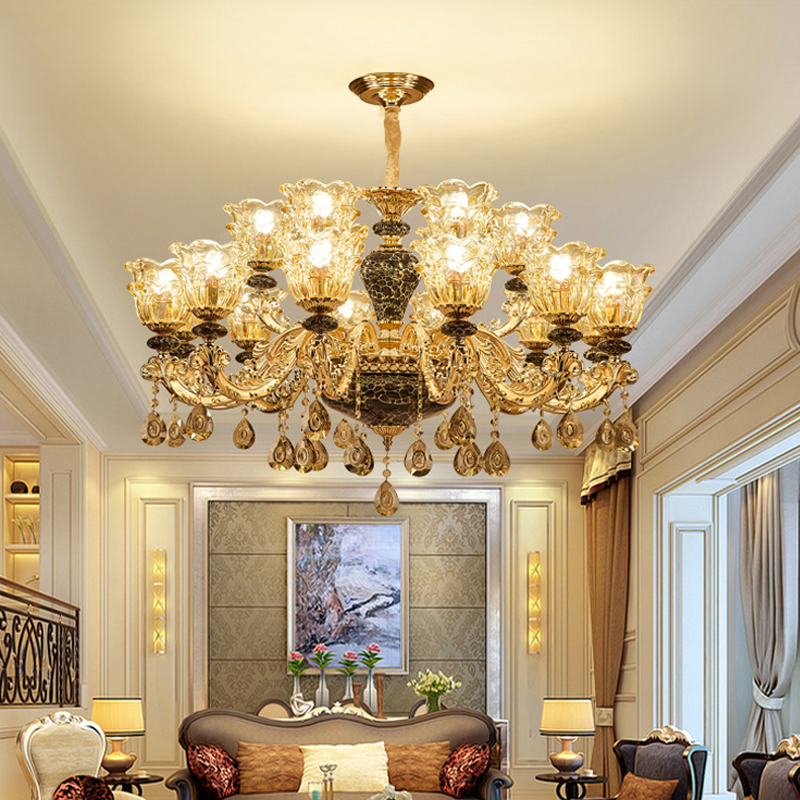Image of European Zinc Alloy Crystal Chandelier Lighting Luxury Villa Hotel Bedroom Pendant Lamps Living Room Ceramic Chandeliers Gold