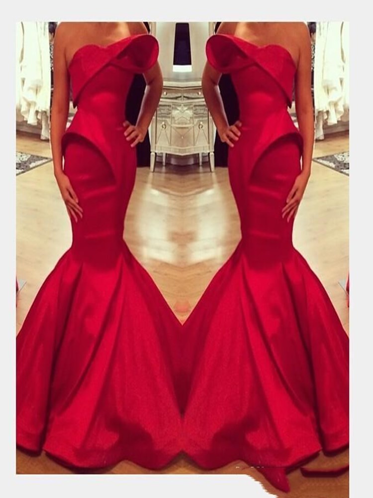 Image of Evening Dresses Saudi Arabian Design Red Sweetheart Mermaid Satin Floor Length Custom Made Prom Dress Plus Size All Colors Available