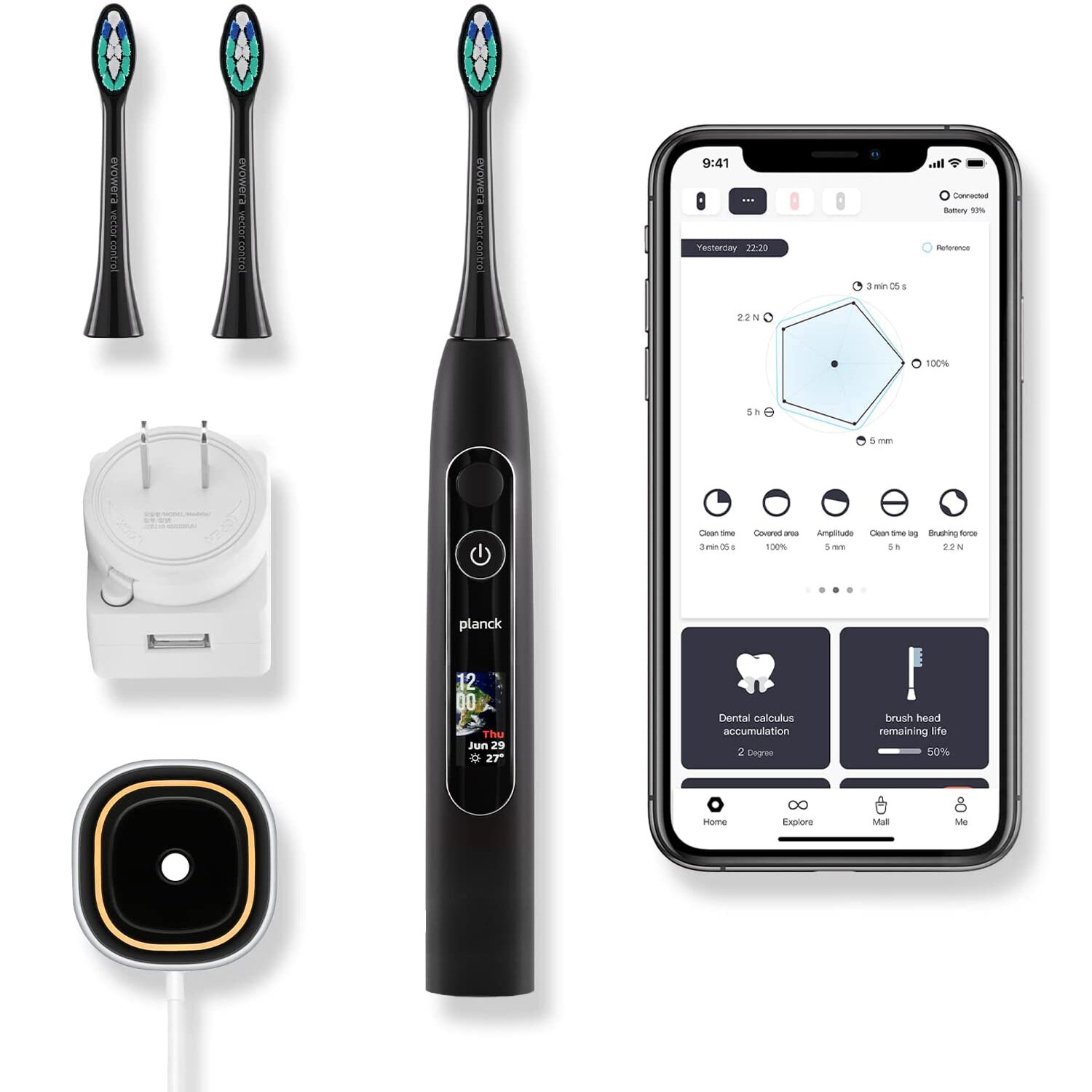 Image of Evowera Planck O1 Electric Sonic Toothbrush Full-Color LCD Screen 6 Clean Modes Electric Toothbrush 2 Min Timer 42000 RP