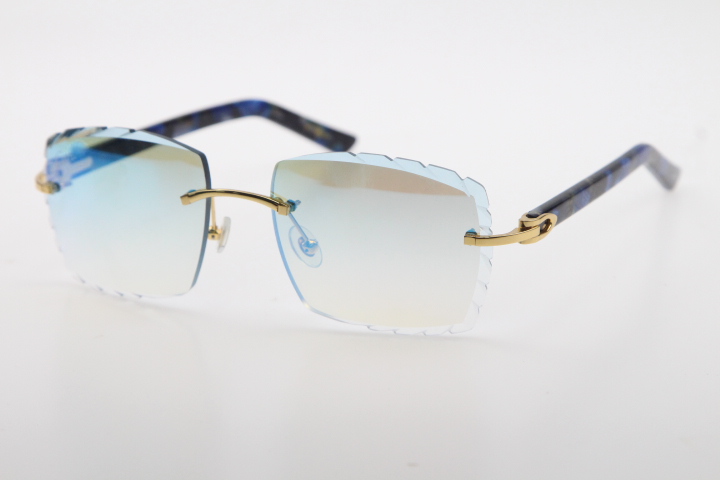 Image of Factory Wholesale Selling Rimless Sunglasses Optical 3524012-A Original marble Blue Plank High Quality Carved lense Glass Unisex Glasses