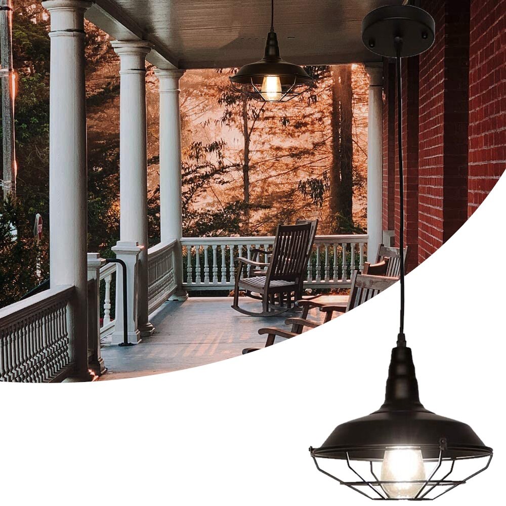 Image of Farmhouse Pendant Light Industrial Rustic Black Hanging Light Ceiling Lamp Fixture Lighting with Cage Shade for Kitchen