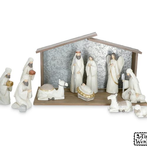 Image of Farmhouse Style White Nativity and Creche - 11 Pieces ID 2058471