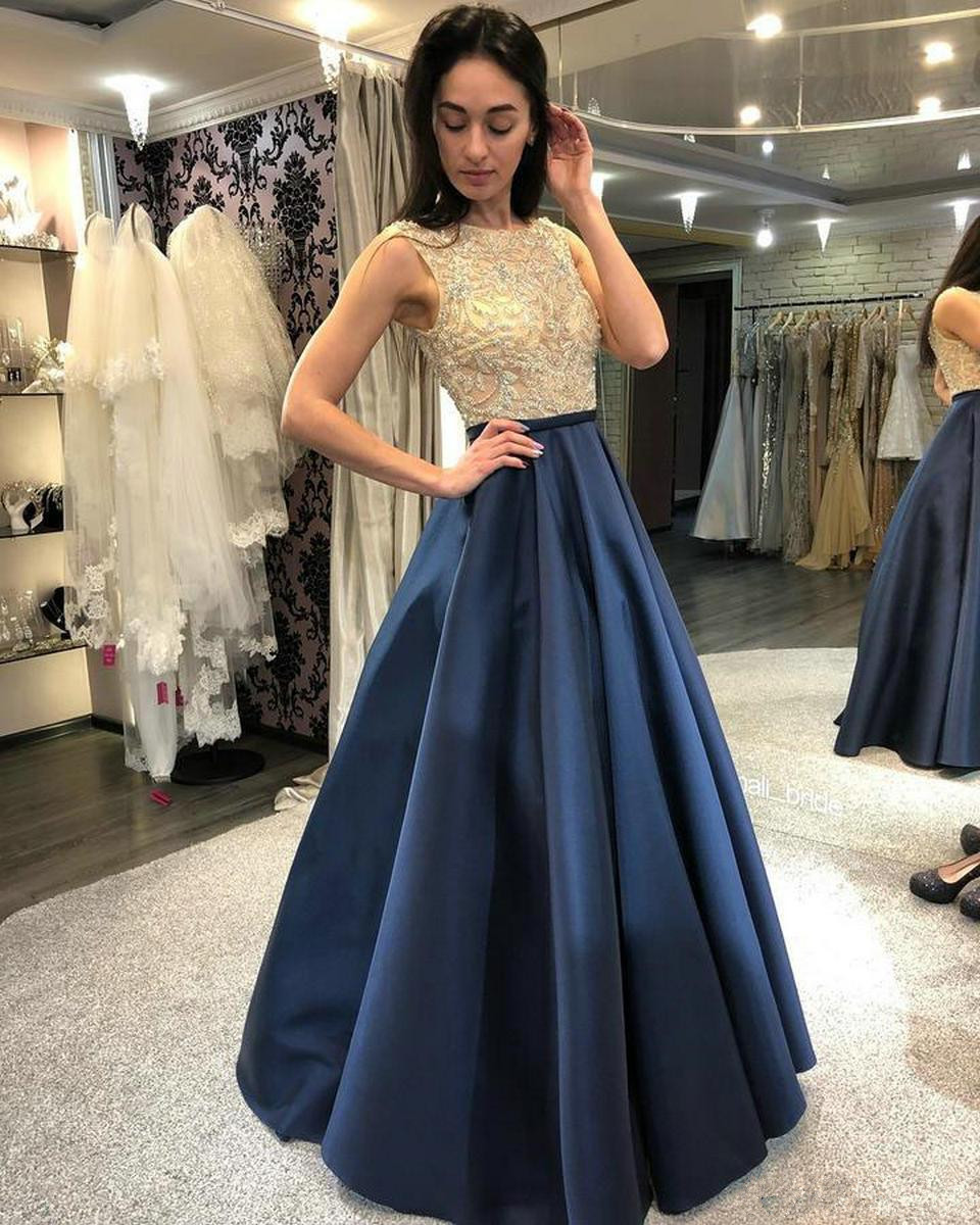 Image of Fashion Dark Navy Long Evening Dresses Gowns Women Party Scoop Satin Lace Zipper A-Line Sexy Lady Club Dress