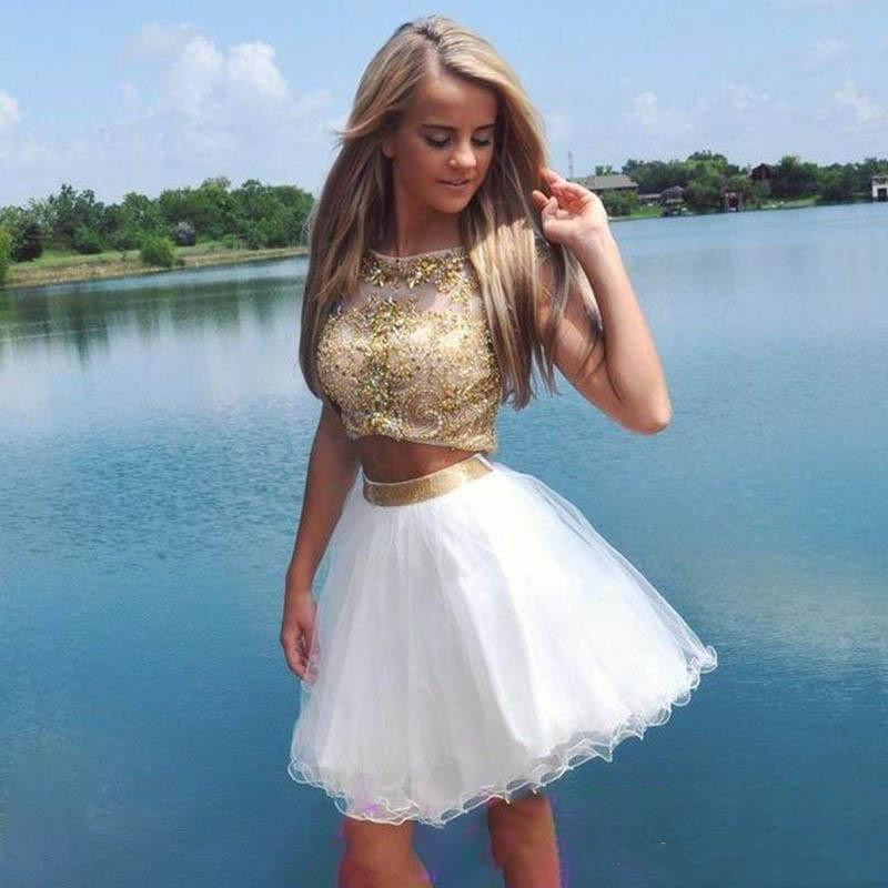 Image of Fashion White and Gold Beaded Two Pieces Short Homecoming Dress A-Line Sweet 15 Graduation Cocktail Party Plus Size Custom Made